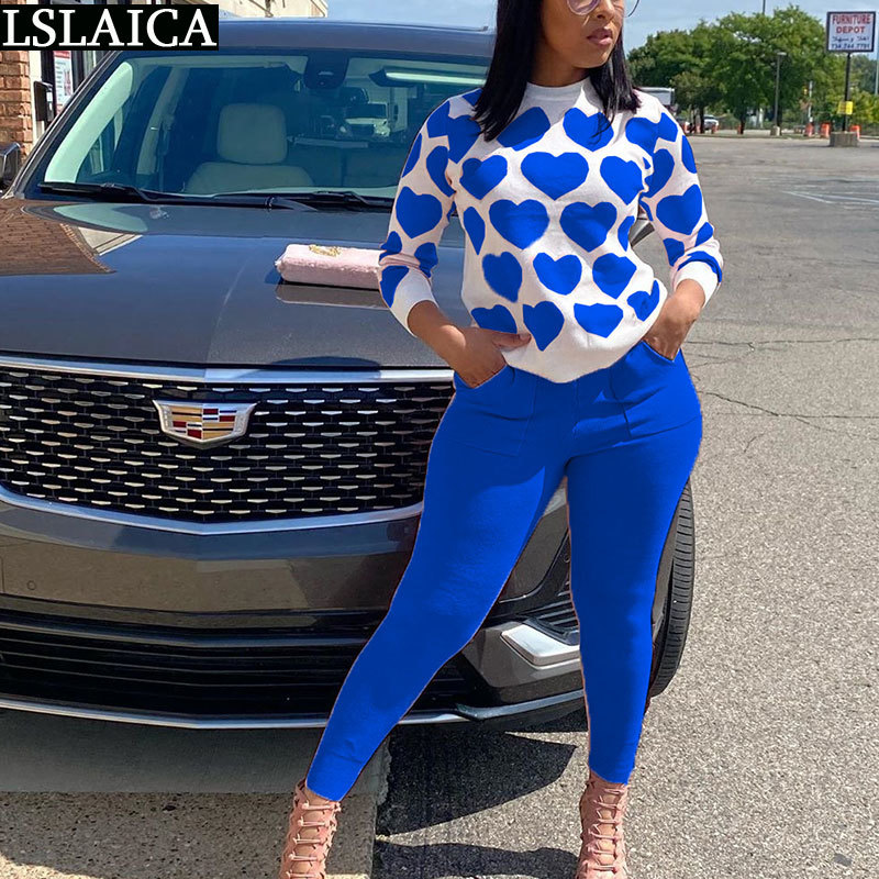 Sets Womens Outfits Heart-shaped Print Long Sleeve Tops Solid Woman Pants Two Piece Set Casual Fashion Winter Clothes Women 210520