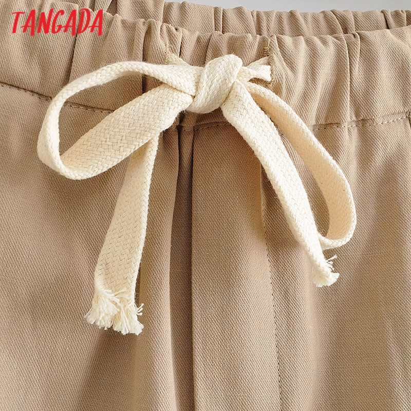 Tangada Fashion Women Cotton Linen Crop Pants Trousers Strethy Waist Pockets Female AI30 211115