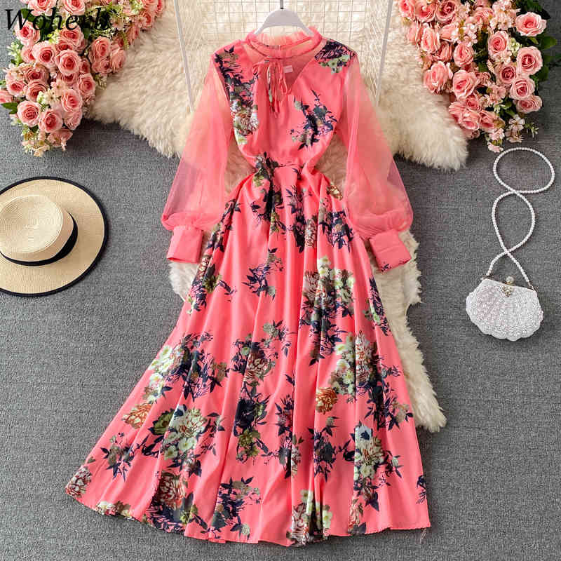 Women Dress Spring Gauze Patchwork Floral Chiffon Dresses Vintage Elegant Long Sleeve Large Swing Vestidos Mujer 210519