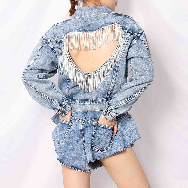 Patchwork Tassel Diamond Denim Jacket For Women Lapel Long Sleeve Hollow Out Casual Jackets Female Fashion 210524