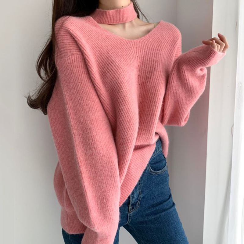 Nomikuma Sexy Halter Strapless Women Sweater Causal Long Sleeve Korean Solid Pull Femme Autumn Winter Knit Pullover 6D458 210427