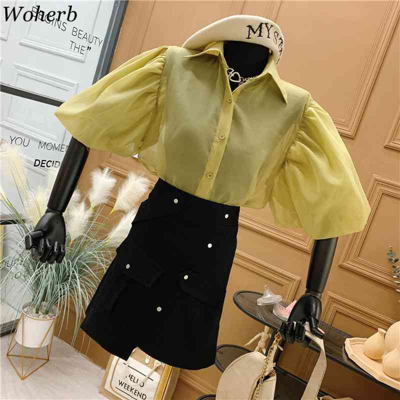 Puff Short Sleeve Shirt Women Turn-down Collar Summer Loose Blusas Korean Blouse See Through Temperament Vintage Tops 210519