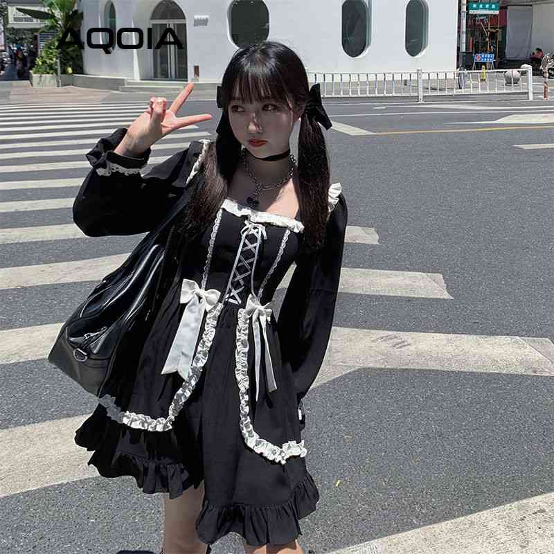 Spring Lolita Style Women Dress Sweet Ruffles Long Sleeve Square Collar Fashion Cosplay Ladies Maid Mini es 210521