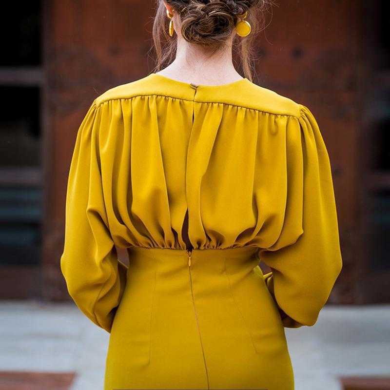 Women Dress V-neck Long Sleeve Yellow Vintage Dresses Plus Size Sexy Summer Clothes 210524