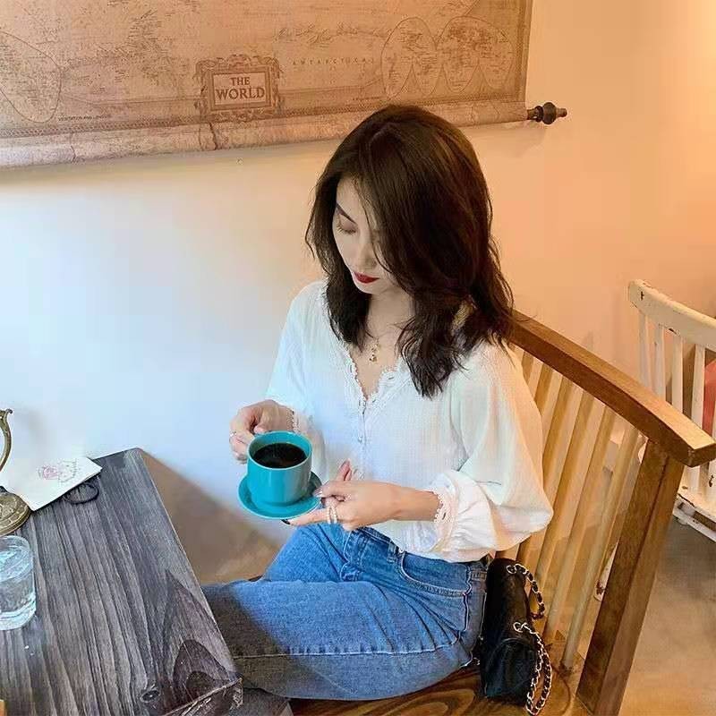 Arrival Spring/autumn Women Casual Long Sleeve V-neck Blouse Sweet Cute Single Breasted Lace Patchwork Shirts B183 210512