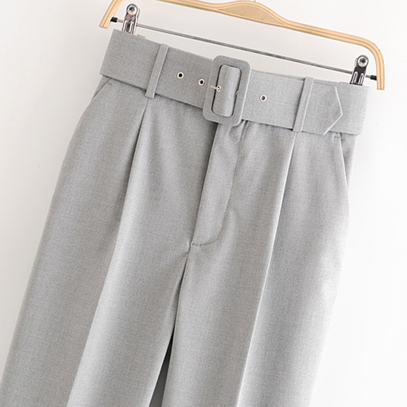 Women Office Lady Gray Suit With Belt High Waist Casual Long Trousers Female Fashion Pockets Pleated Solid Pants 210414 B4