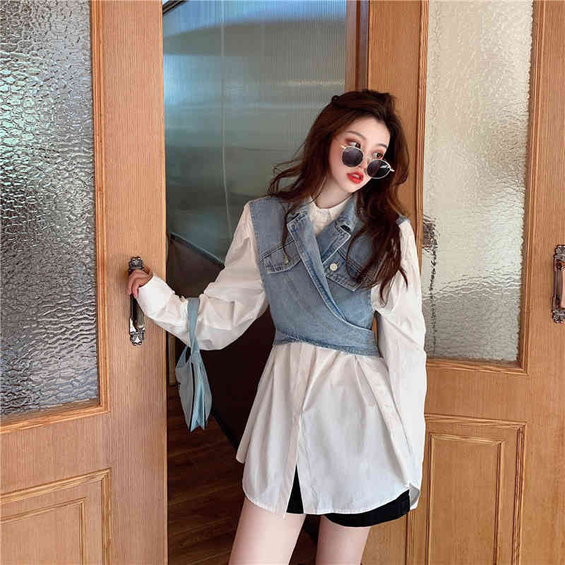 VGH White Minimalist Shirt For Women Lapel Puff Long Sleeve Casual Basic Spring Blouse Female Fashion New Clothing Tide 210421