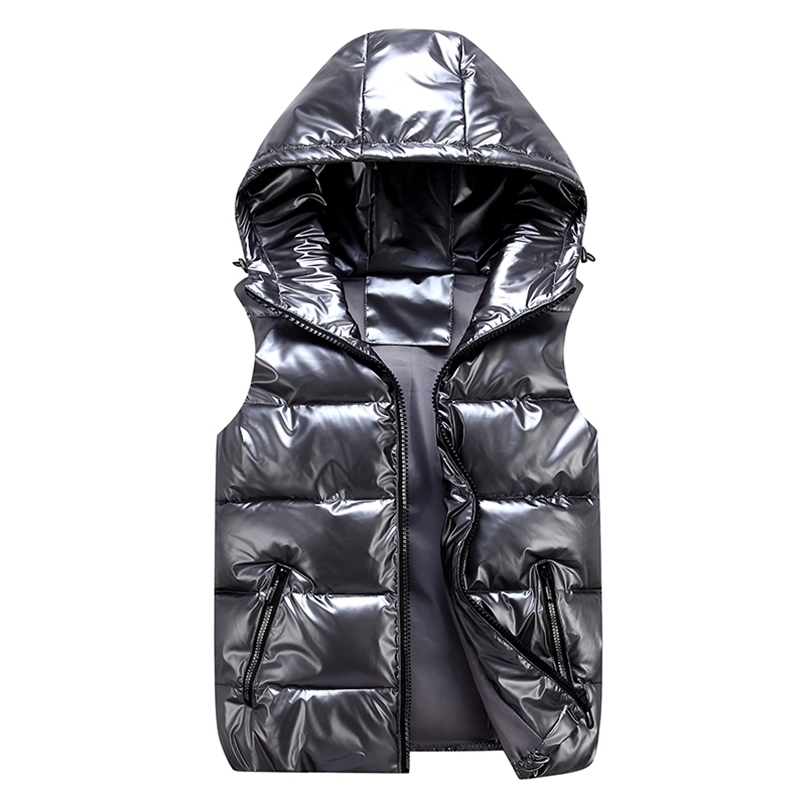 Men's Sleeveless Jacket Fashion Shiny Vest Winter Warm Hood Pockets Cotton Padded Husband Red Black Autumn Down Waistcoat Male 211119