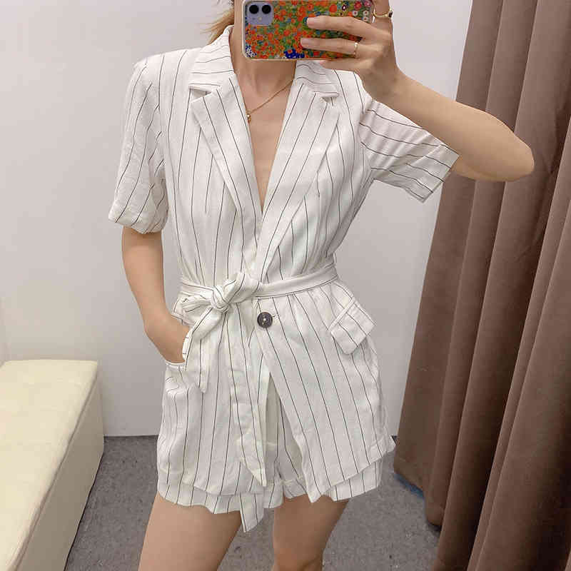 Summer Casual Stripe Blazer Women Notched Neck Short Sleeve Office Suit Jacket Female Single Button Sashes Elegant Coat 210515