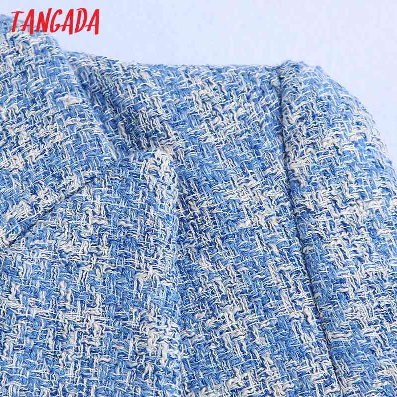 Women Double Breasted Tweed Blue Blazers Coat Office Lady Long Sleeve Pockets Female Outerwear BE508 210416