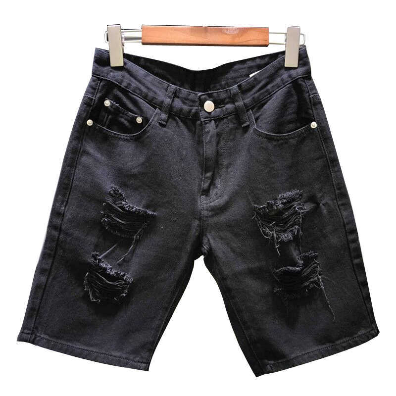 Summer white & black &Khaki Men Ripped Loose Straight Jeans Short Fashion Hip hop Bermuda Holes Casual Denim Cargo shorts 210713