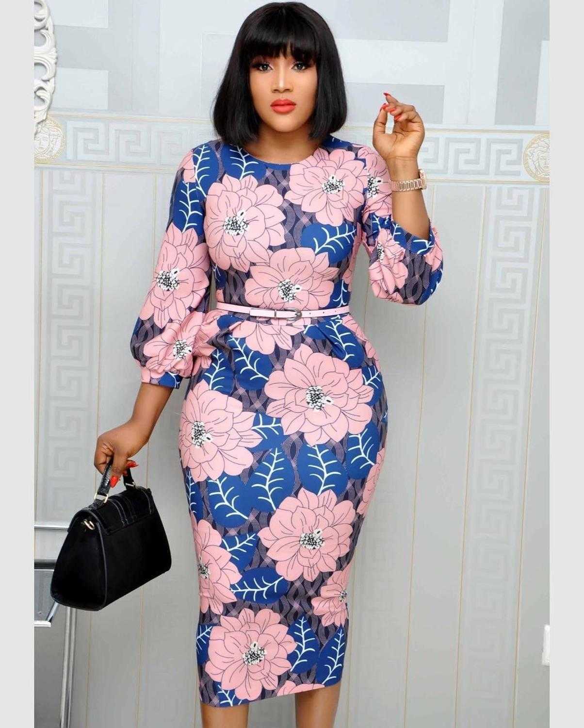 Women Bodycon Printed Dress Three Quarter Sleeves Midi Office Ladies Work Wear Elegant Classy Vestidos African Female Plus Size 210623