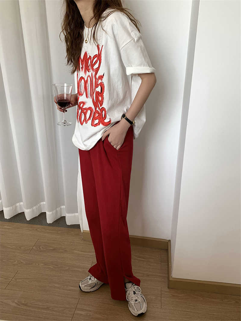 Qooth Drape Split Wide Leg Pant's Straight Loose Casual Trousers Spring Autumn All Match High Waist Solid QT691 210609