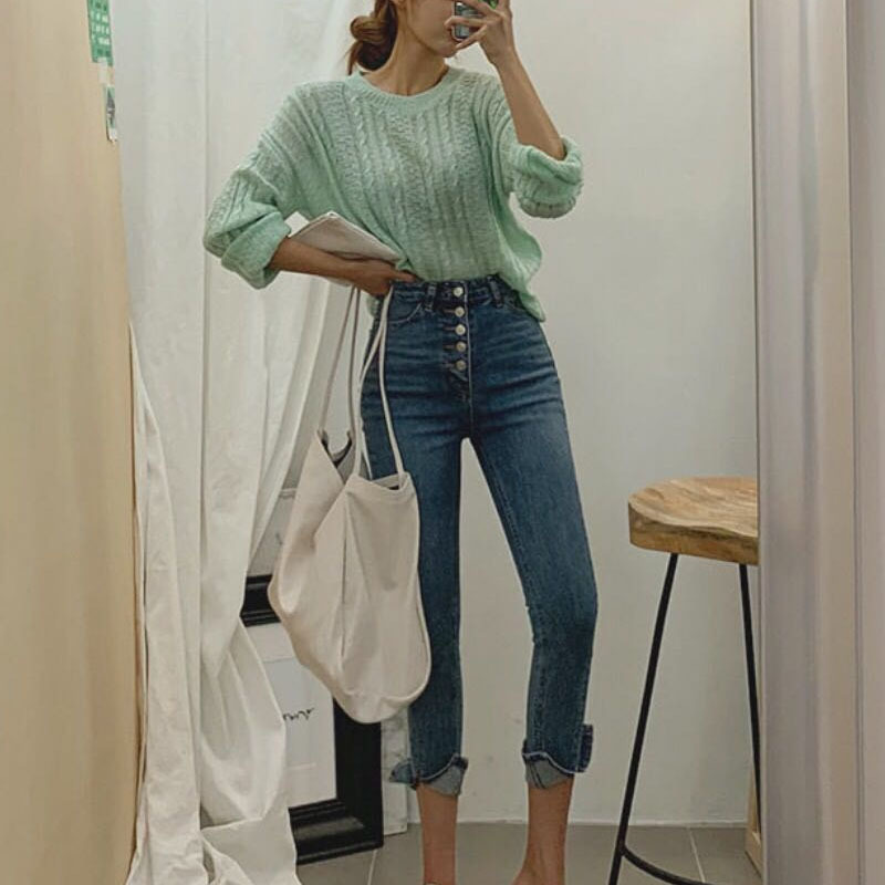 Broek Mujer Jeans for Women Korean Blue High Waist Slim Ankle-length Pant Simple Denim Pantalones Ropa De 10407 210427