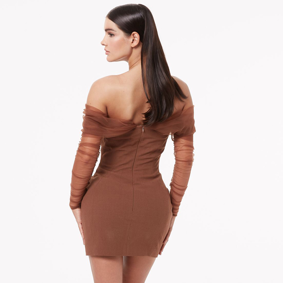 Free Women's Brown Mini Dress Sexy Strapless Long Sleeve Draped Mesh Bodycon Club Evening Party Vestidos 210524