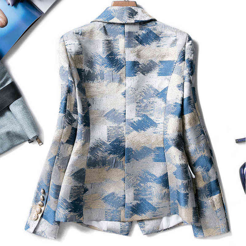 Brand Unique Designing Runway Women Notched Double Breasted Plaid Graffiti Printing Autumn Casual Blazer Jacket 211122