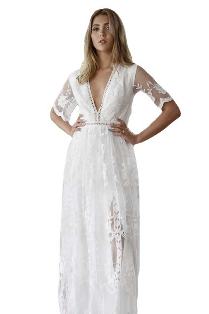 Women Dress Deep V Neck Short Sleeve Bohemian es Temperament Lace High Waist Large Hem Loose Casual es 210524
