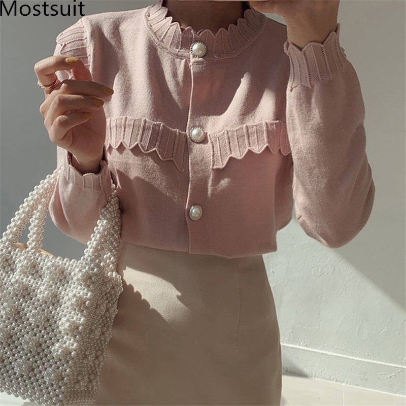 Autumn Korean Knitted Cardigans Tops Women Long Sleeve Pearl Buttons Single-breasted Ruffles Vintage Elegant Sweaters Femme 210514