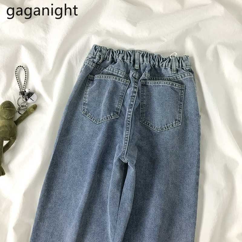 Korean Style Slim Loose Straight Full Pants Girls High Waist Zipper Pocket All Match Students Wide Leg Jeans 210601