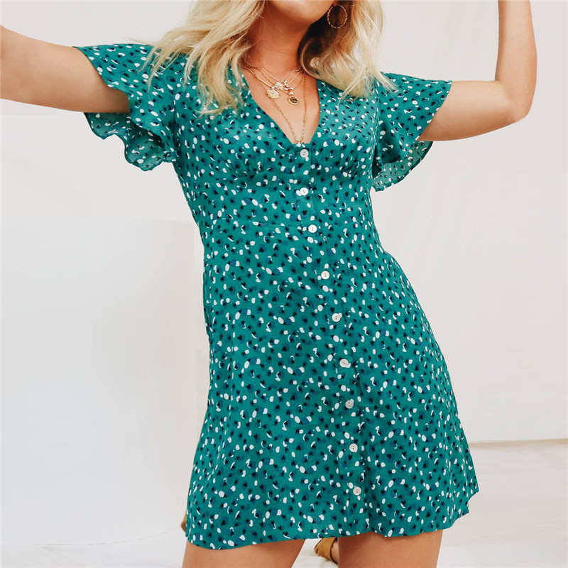 Women Dress Summer Vintage Sexy Bohemian Floral Print Party Deep V Neck Mini Beach Sundress Vestidos De Verano 210515