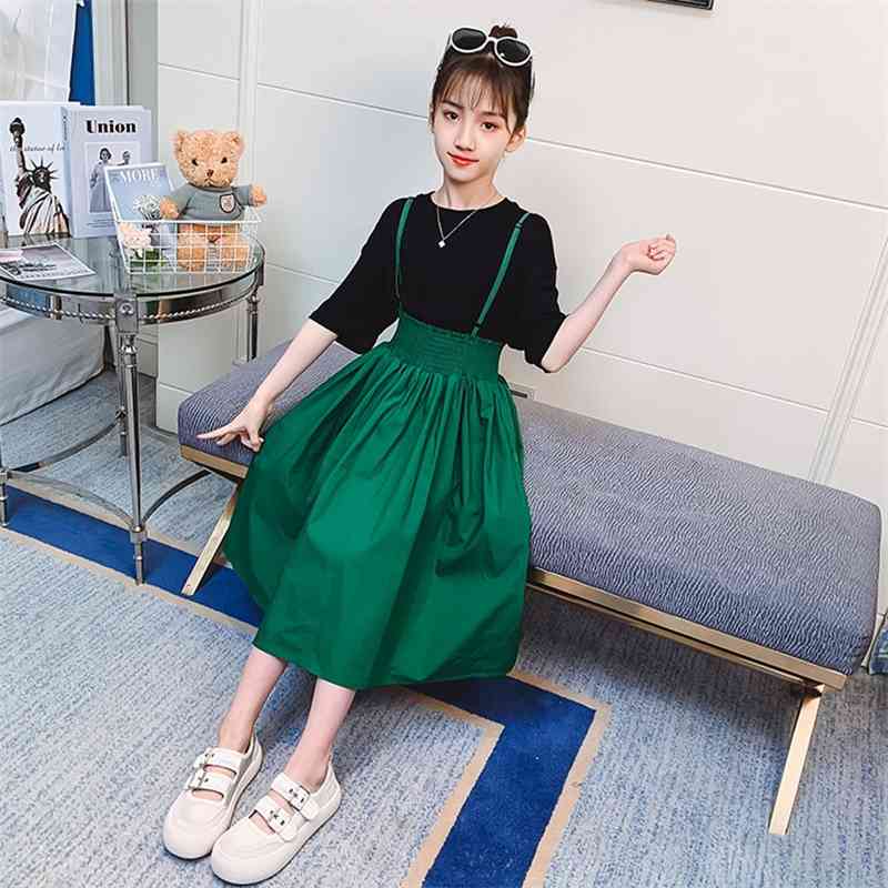 Children Clothes Solid Tshirt + Dress Teenage Girls Clothing Summer Kids Casual Style Kid 6 8 10 12 14 210528