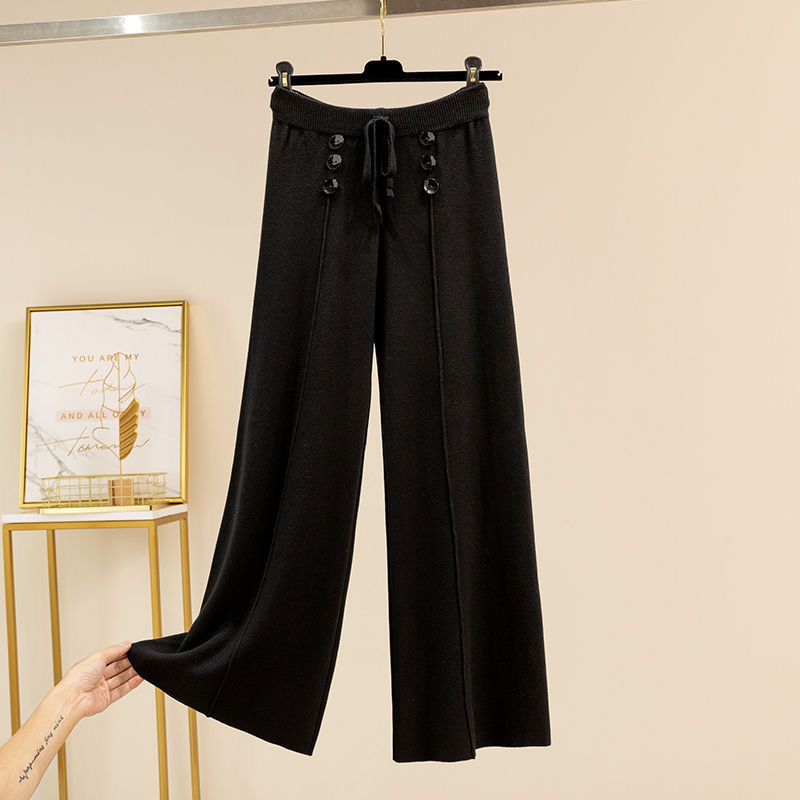 Nomikuma Knitted Buttons Wide Leg Pants Lace Up High Waist Women Trousers Autumn Winter Causal Solid Sweater Pants 6D307 210427