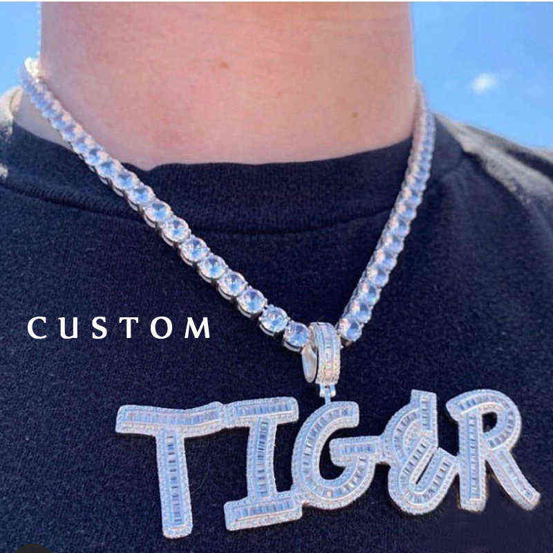Custom Name Words Baguette Letters Pendant Gold silver Color Charm Zirconia Men's Hip Hop Necklace Chain Rock Jewelry 211123