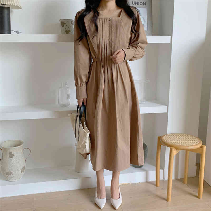 QOERLIN Minimalist Korean Retro Temperament Square Collar Long Sleeve Pleated LaceUp High Waist Dress Office Elegant Maxi Dress 210412