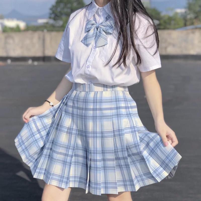 Clothing Sets Japanese School Girls High Waist Pleated Skirts Blue Plaid Women Dress Long/Short Sleeve JK Uniform