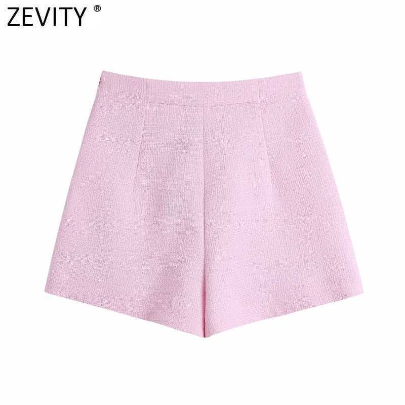 Zevity Women Fashion Button Decoration Pink Tweed Woolen Shorts Femme Streetwear Chic Side Zipper Pantalone Cortos P1019 210603