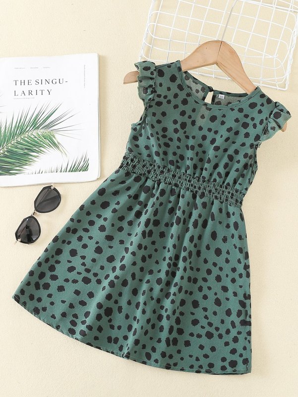 Toddler Girls Dalmatian Print Ruffle Sleeve Shirred Waist Dress SHE R250424