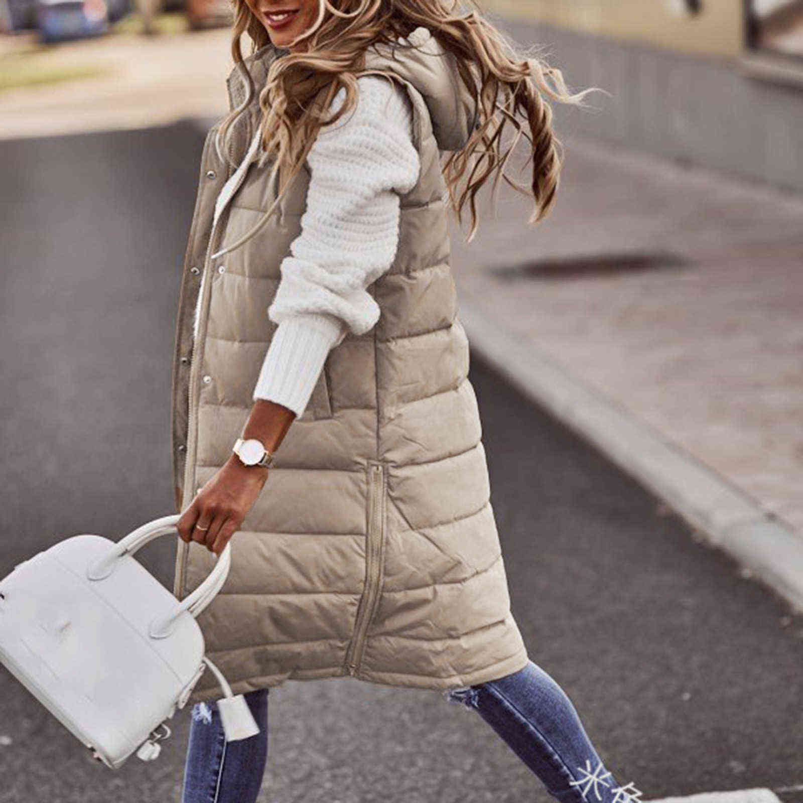Women's Long Winter Coat Vest Hooded Sleeveless Warm Down Pockets Quilted Jacket Female Outdoor 40 211120