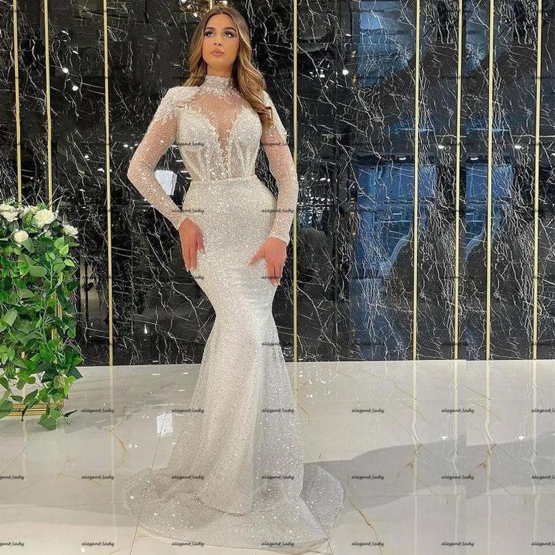 Sparking Long Sleeves Mermaid Wedding Dresses with Detachable Train 2022 Lace Sequined High Neck Backless Bridal Gown Vestido