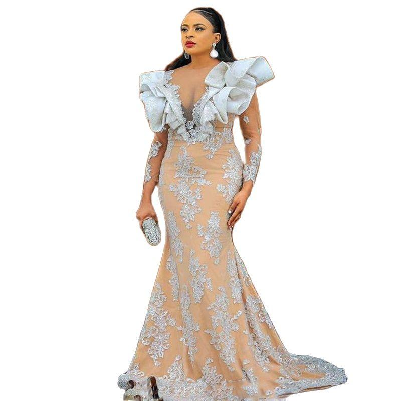 Silver Champagne Lining Evening Occasion Dresses with Long Sleeve Full Lace African Aso Ebi Mermaid Prom Enegament Gown robe classe