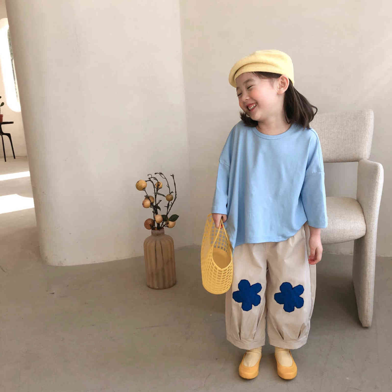 Japan style cute blue flower casual trousers for girls Spring cotton loose pants 2-7Y 211103