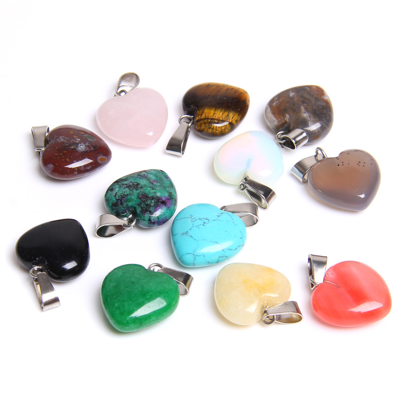 Heart shape natural stone Rose Quartz Tiger's Eye opal charms pendants for DIY stone necklace earrings jewelry making