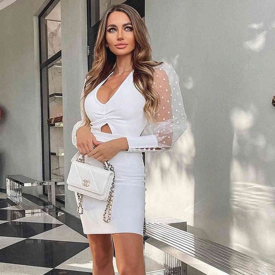 Free Women Elegant Bandage Dress Sexy V-neck Mesh Puff Sleeve Hollow Bodycon Midi Club Party Dresses Vestidos 210524