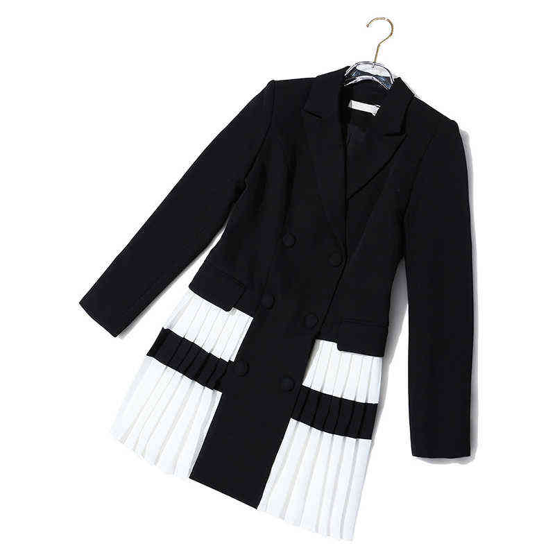 [EAM] Women Black Contrast Color Pleated Blazer Lapel Long Sleeve Loose Fit Jacket Fashion Spring Autumn 1T306 211104