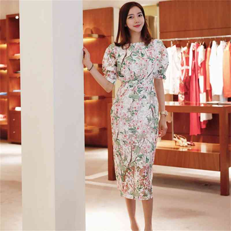 Arrival Fashion Bodycon Dress Women Elegant Office Lady Summer Sexy Lace Flowers Puff Sleeve Temperament pencil 210519
