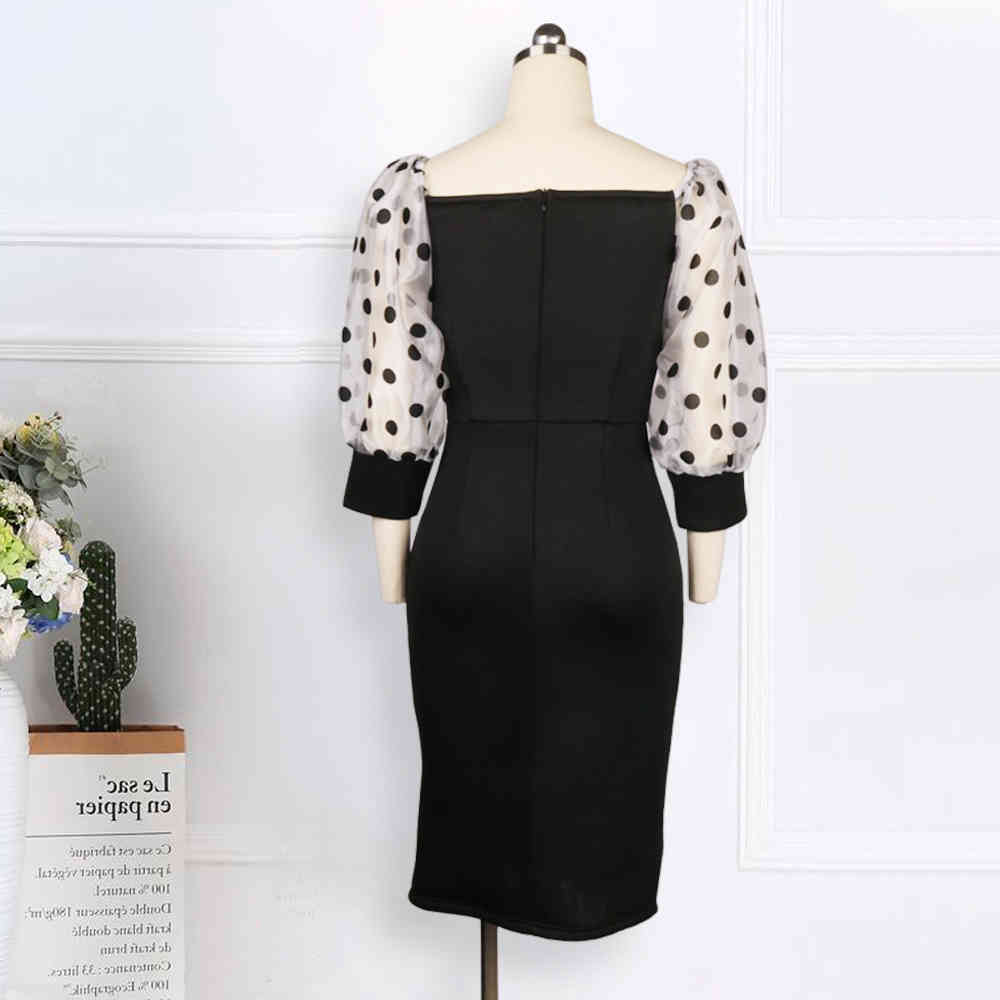 Women Sexy Black Dress Off Shoulder with Polka Dot Mesh Sleeves Patchwork Beading Party Bodycon Slim Fashion for Event Occation 210409