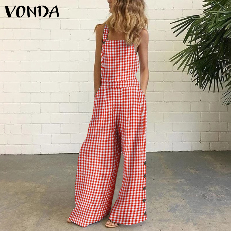 

VONDA Women Jumpsuits Loose Wide Leg Full Length Women Sexy Sleeveless Vintage Checked Plaid Suspenders Playsuits Casual Overall, Black