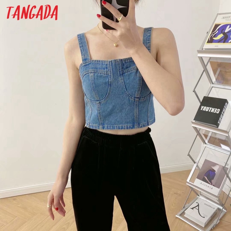 Women Denim Camis Crop Top Spaghetti Strap Sleeveless Back Zipper Female Casual Tops 5B11 210416