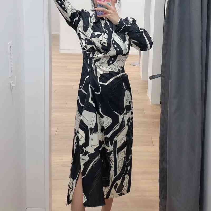 Spring Women Animal Printing Side Slit Midi Shirt Dress Female Long Sleeve Clothes Casual Lady Loose Vestido D7063 210430
