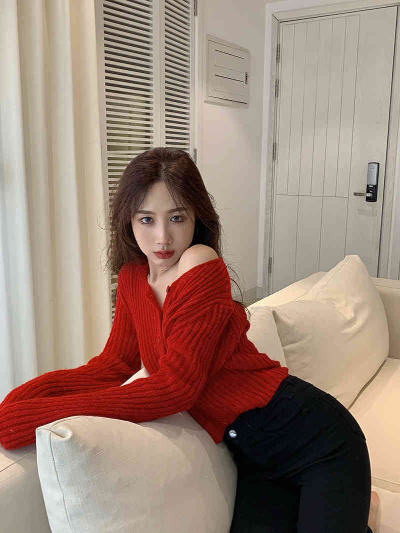 autumn korean style knittd cardigans womens loose Vintage Red slim sweaters cardigan womens tops (R99482) 210423