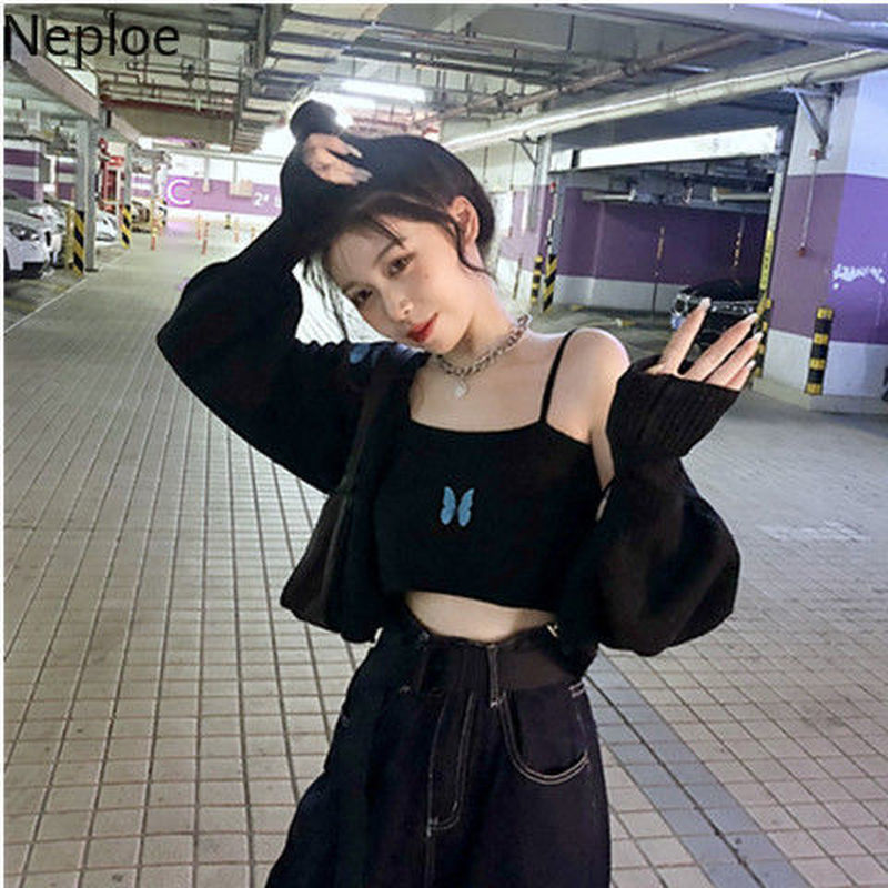 Neploe Women Sets Casual Butterfly Embroidery Sling Coat Two-piece Suit Korean Kawaii Knitted Suit Cropped Outfits for Women 210422