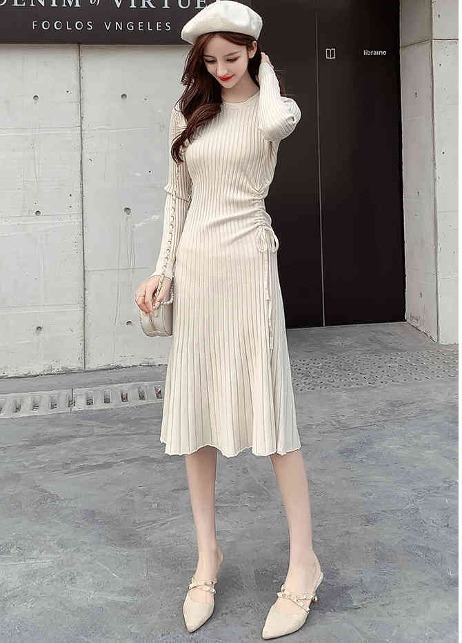 Solid O-Neck Woman Knitting Dress Autumn Winter Ribbon Long Sleeve Fashion Slim Women Midi Dresses D08203K 210416