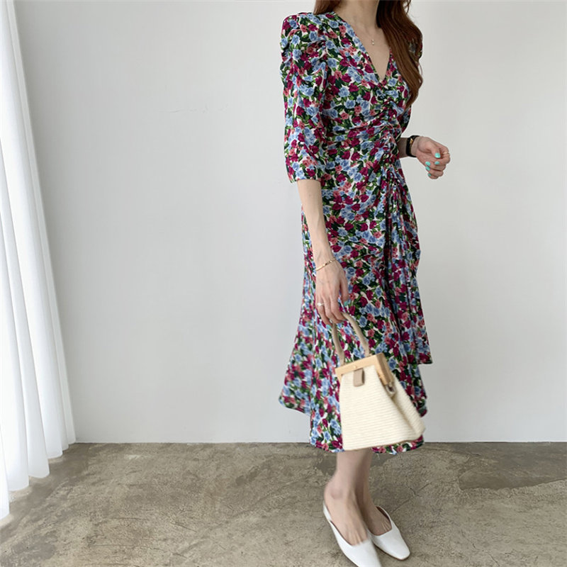 Elegance Chic All Match Chiffon Casual Florals Sexy V-Neck Summer Office Lady Retro Vintage Women Dresses 210421