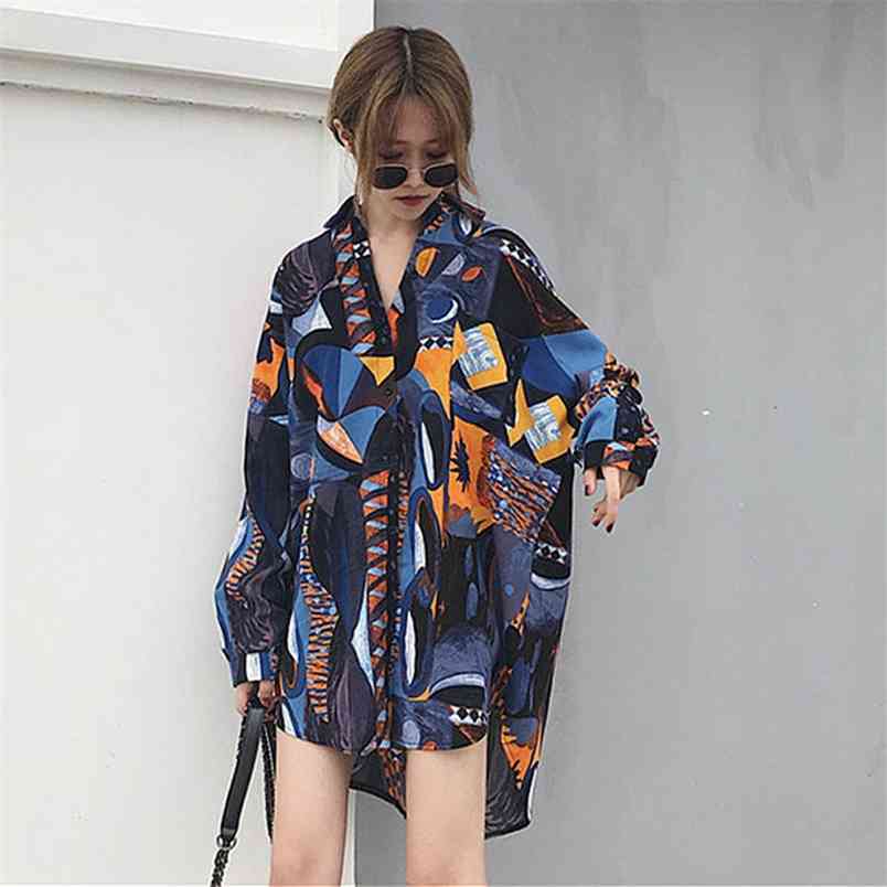 Spring Autumn Women Loose Long Shirts Plus Size Ink Painting Geometric Chiffon Blouses Female Turn-down Collar Ladies Tops D376 210512