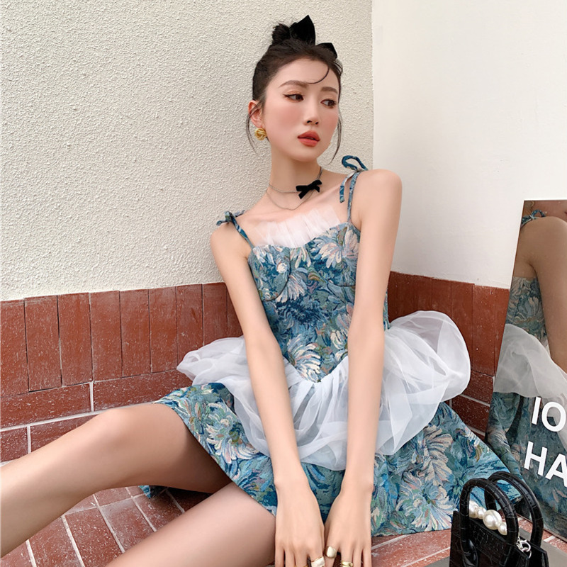 Women Dress Print Blue Cloud Gauze Waist Closed Ball Gown Suspender Temperament Loose Fit Fashion Summer 2H611 210526