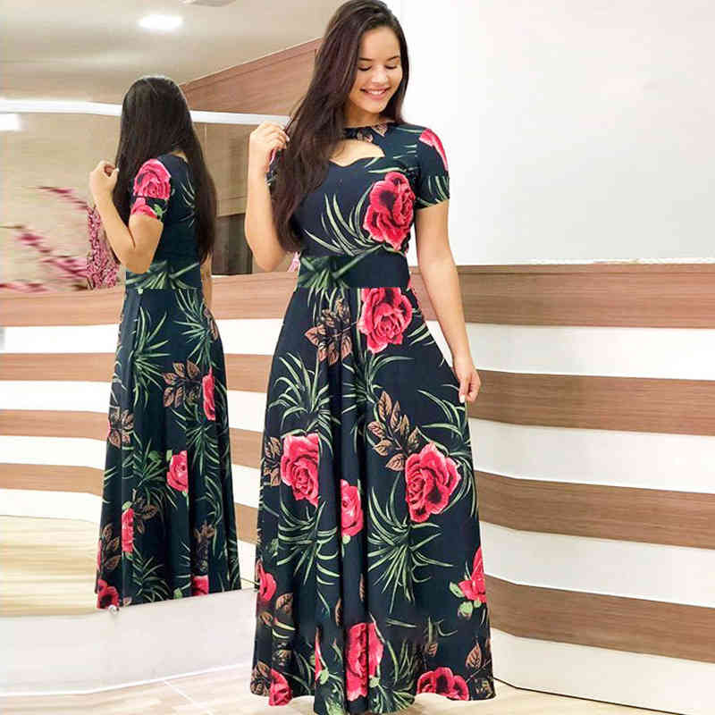 Spring Summer Women's Dress Fashion Floral Print Elegant Casual O Neck Hollow Out Boho Maxi Dreses Plus Size Vestidos 210522